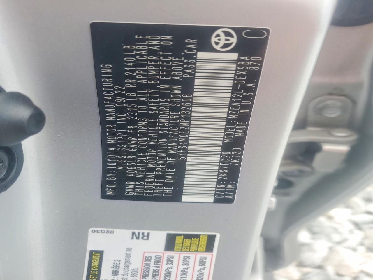 5YFS4MCE2NP132606 · 2022 TOYOTA COROLLA · 12/12