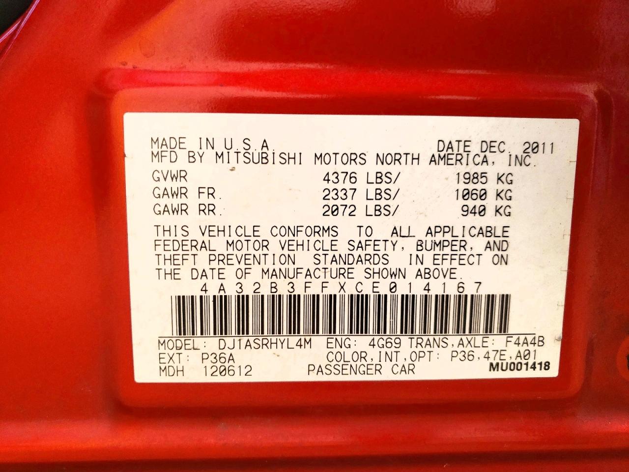 4A32B3FFXCE014167 · 2012 MITSUBISHI GALANT · 12/12