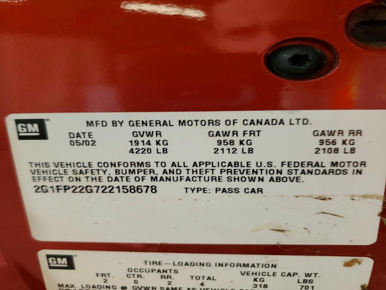 2G1FP22G722158678 · 2002 CHEVROLET CAMARO · 12/12