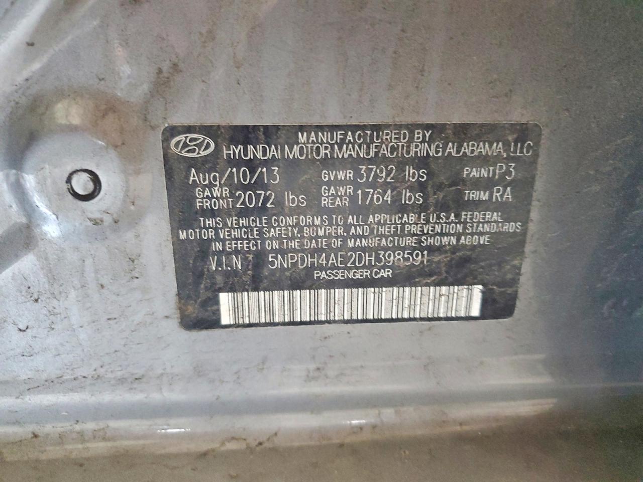 5NPDH4AE2DH398591 · 2013 HYUNDAI ELANTRA · 12/12
