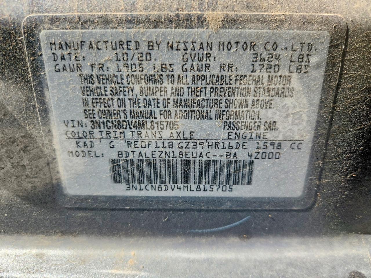 3N1CN8DV4ML815705 · 2021 NISSAN VERSA · 12/12