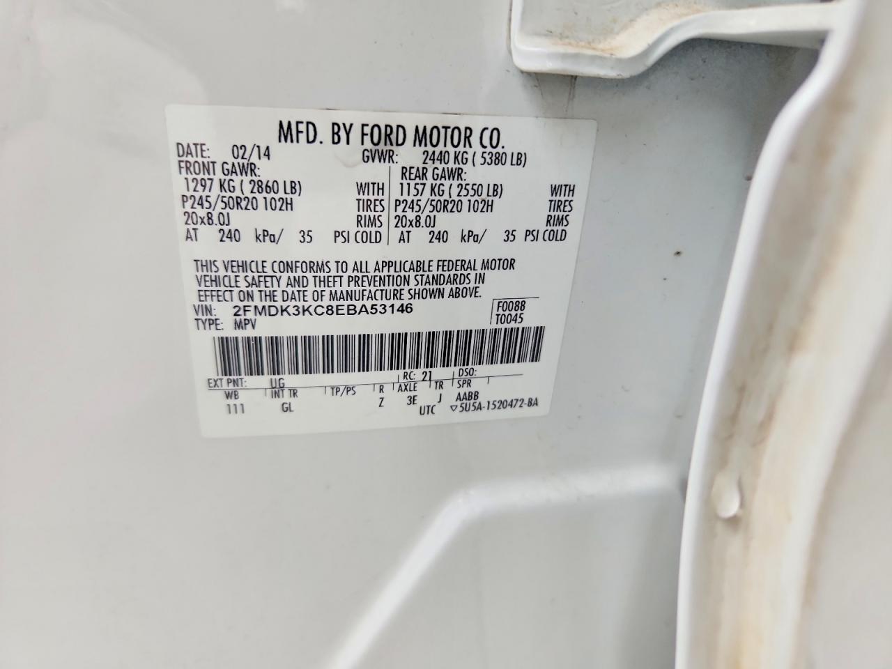 2FMDK3KC8EBA53146 · 2014 FORD EDGE · 12/12