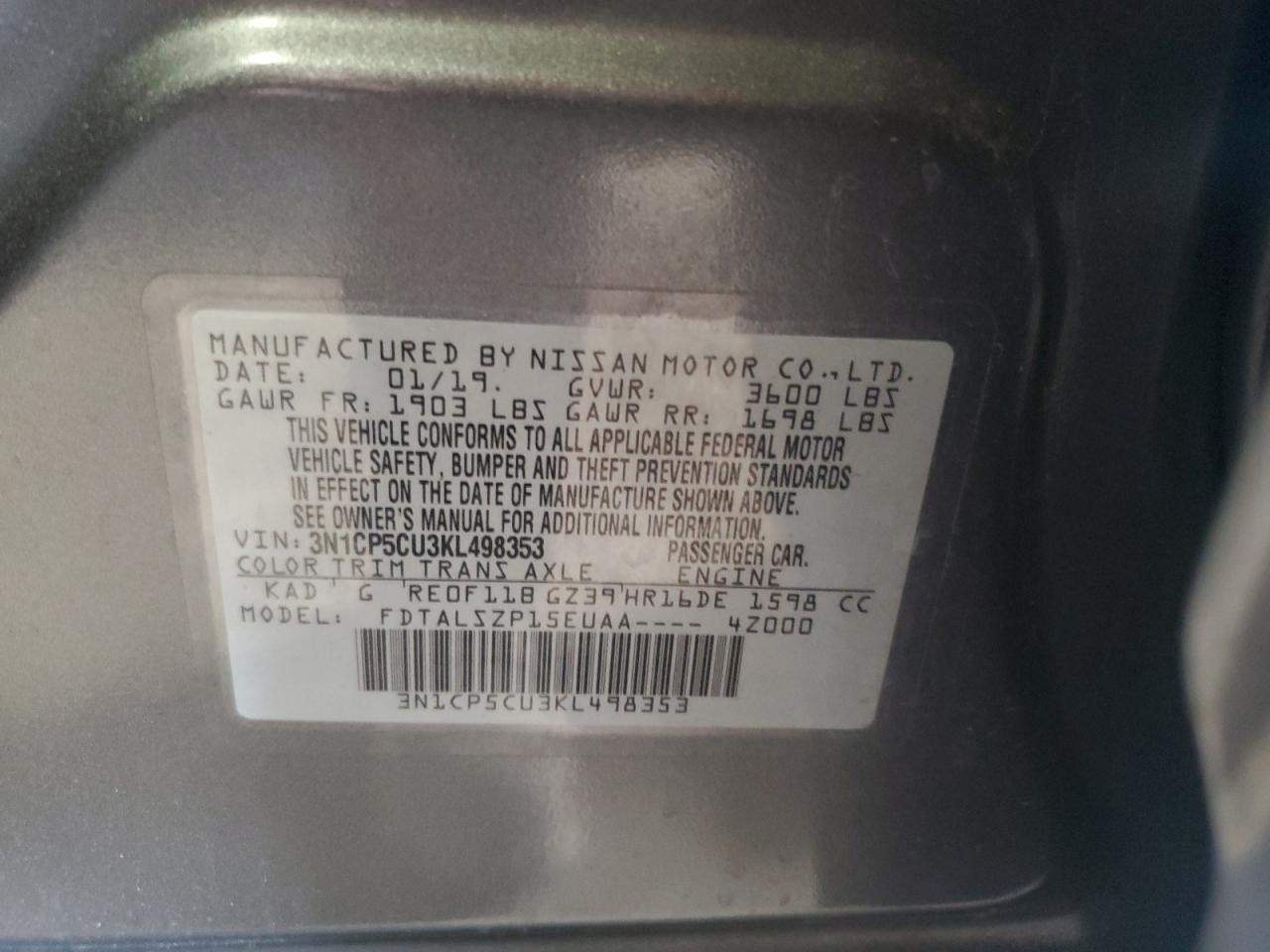 3N1CP5CU3KL498353 · 2019 NISSAN KICKS · 12/12