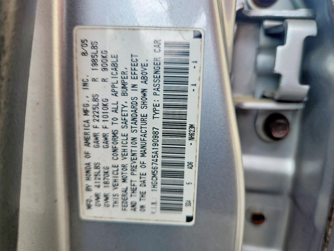 1HGCM56745A190987 · 2005 HONDA ACCORD · 12/12