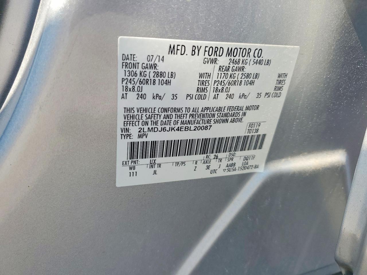 2LMDJ6JK4EBL20087 · 2014 LINCOLN MKX · 12/12