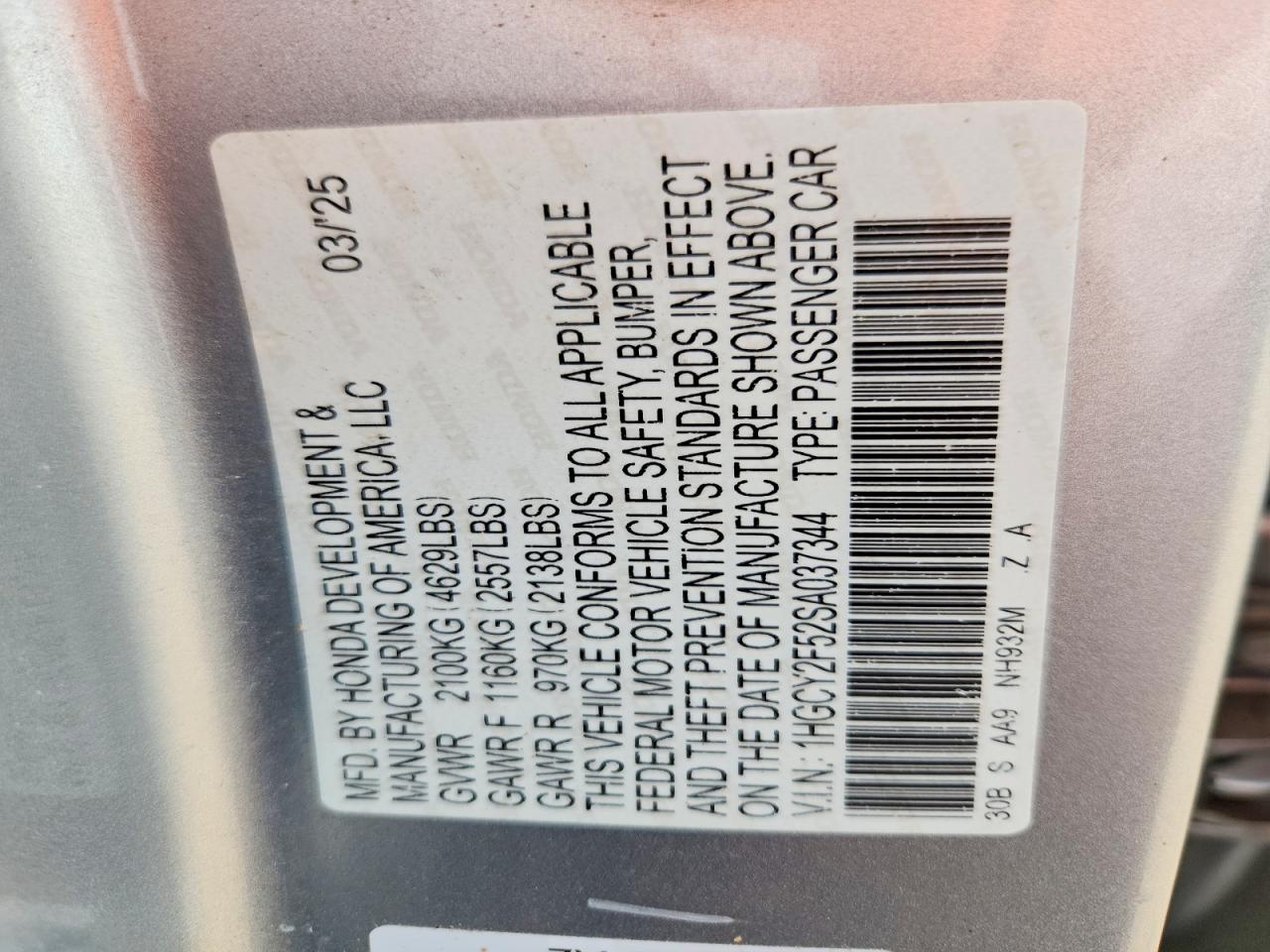1HGCY2F52SA037344 · 2025 HONDA ACCORD · 12/12