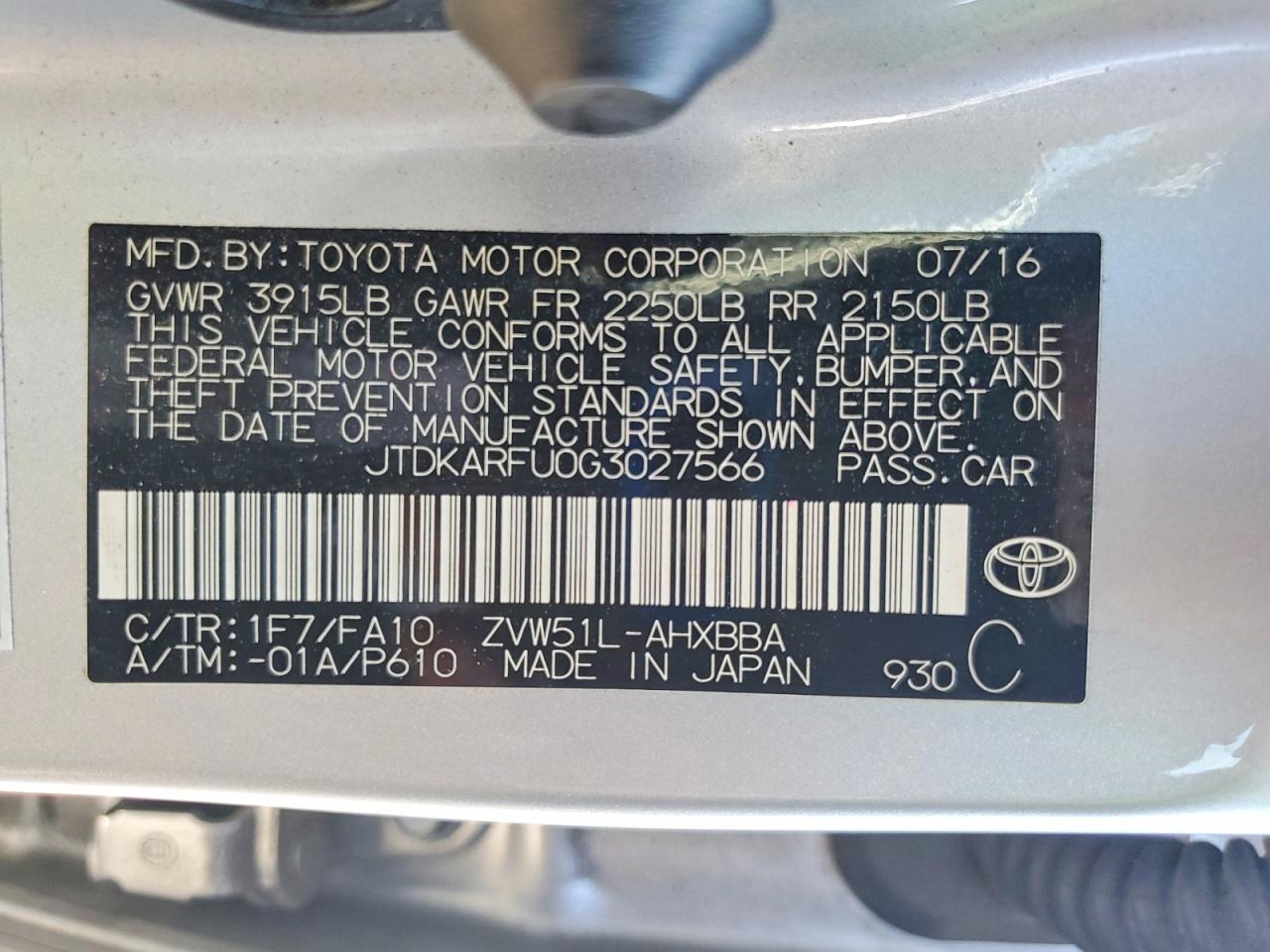 JTDKARFU0G3027566 · 2016 TOYOTA PRIUS · 12/12