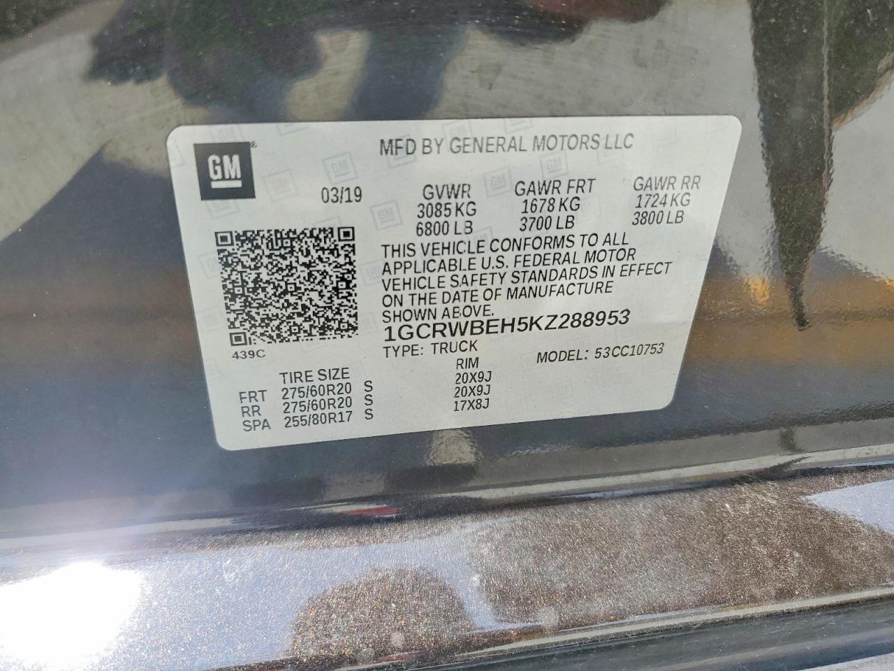 1GCRWBEH5KZ288953 · 2019 CHEVROLET SILVERADO · 12/12