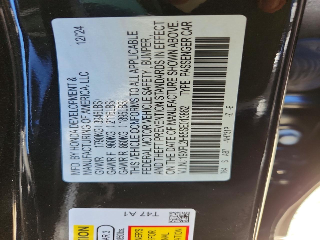 19XFL2H85SE013862 · 2025 HONDA CIVIC · 12/12