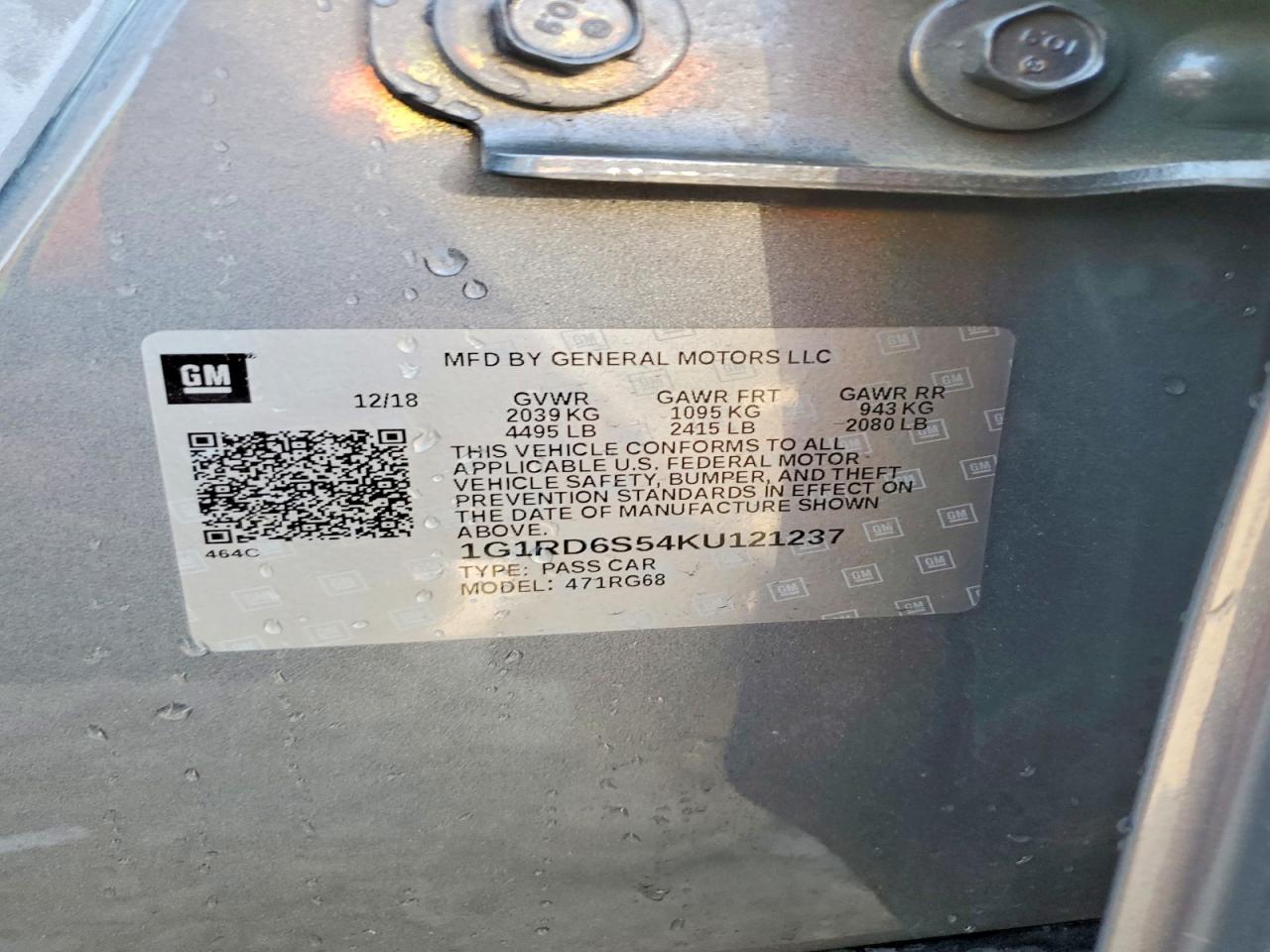 1G1RD6S54KU121237 · 2019 CHEVROLET VOLT · 12/12