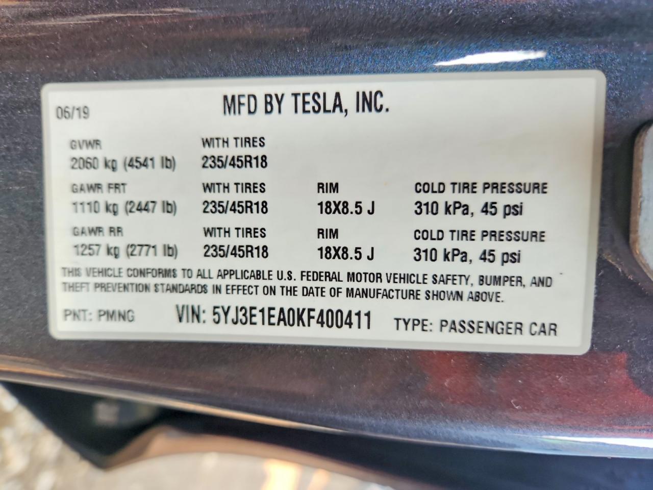 5YJ3E1EA0KF400411 · 2019 TESLA MODEL 3 · 12/12