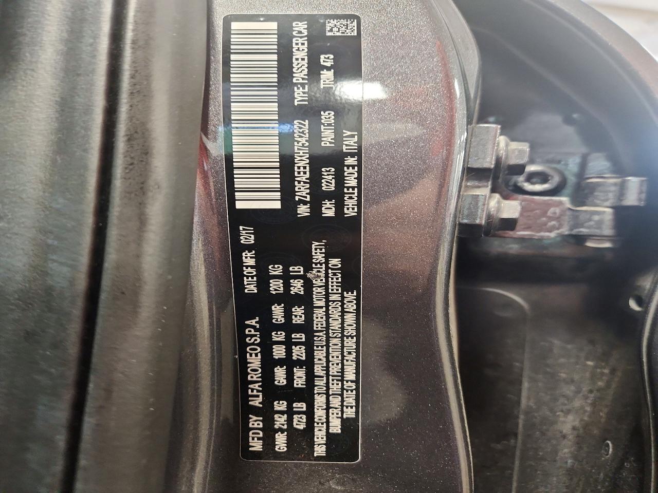 ZARFAEENXH7542322 · 2017 ALFA ROMEO GIULIA · 12/12