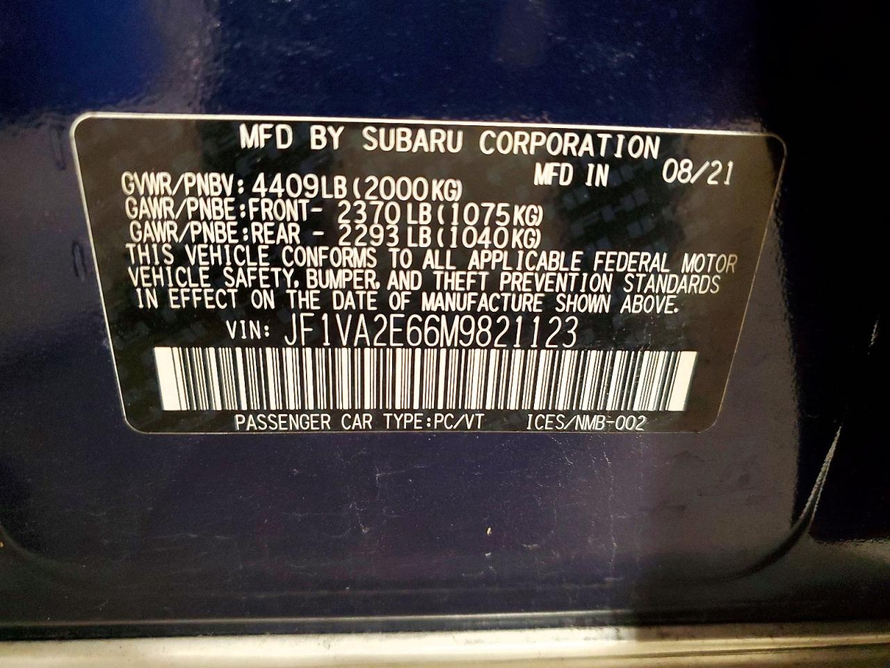 JF1VA2E66M9821123 · 2021 SUBARU WRX · 12/12