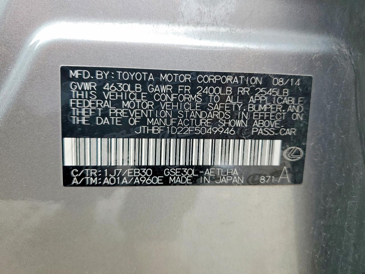 JTHBF1D22F5049946 · 2015 LEXUS IS · 12/12