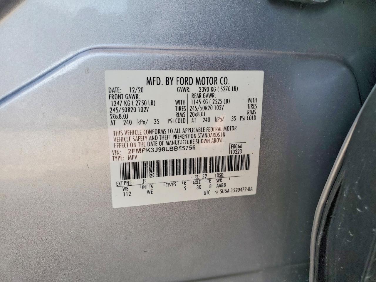 2FMPK3J98LBB55756 · 2020 FORD EDGE · 12/12