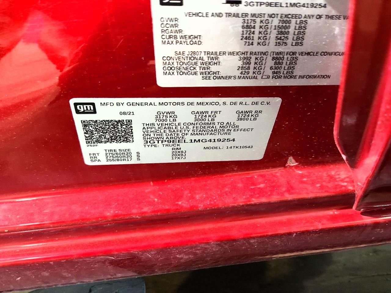 3GTP9EEL1MG419254 · 2021 GMC SIERRA · 12/12
