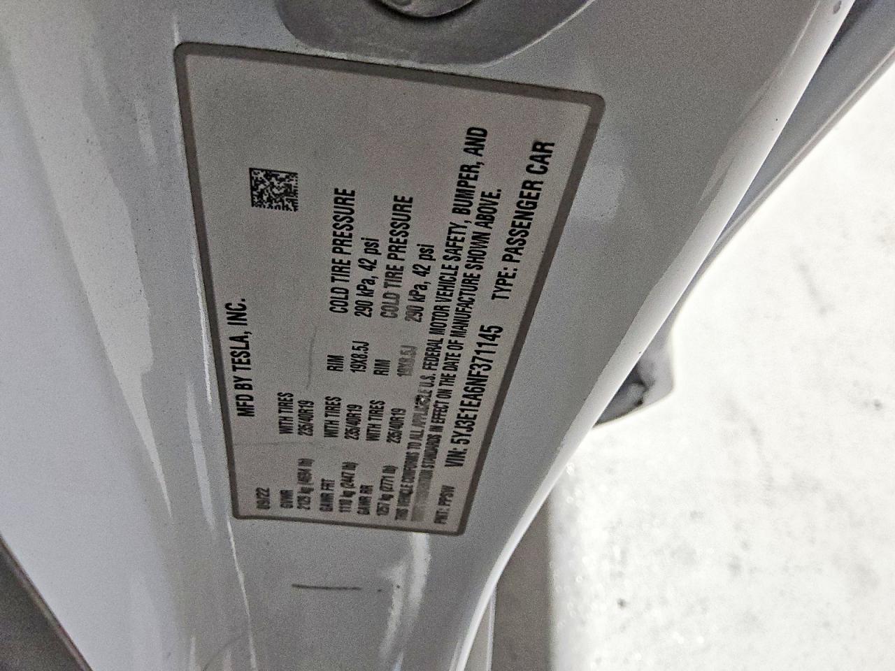 5YJ3E1EA6NF371145 · 2022 TESLA MODEL 3 · 12/12