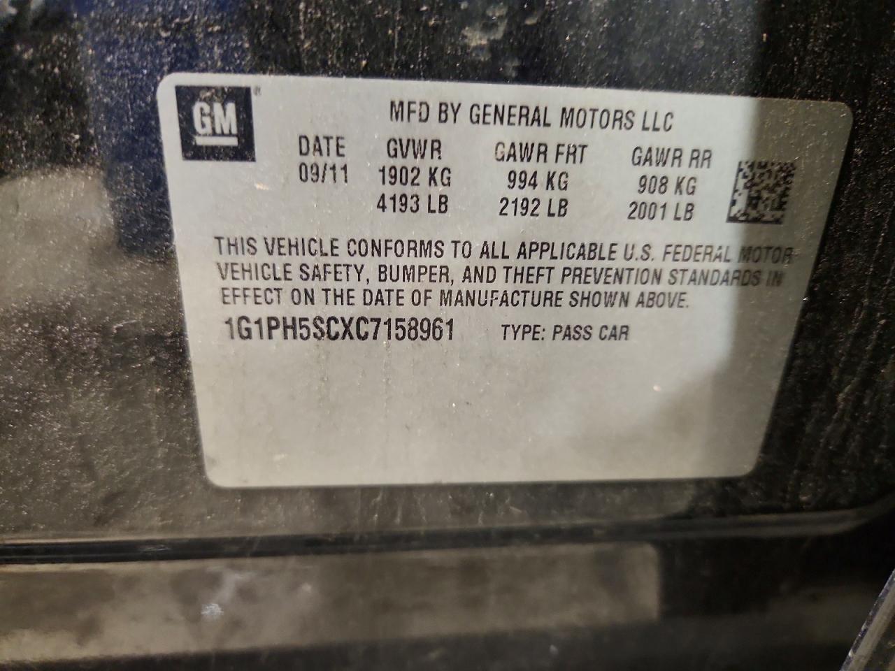 1G1PH5SCXC7158961 · 2012 CHEVROLET CRUZE · 12/12