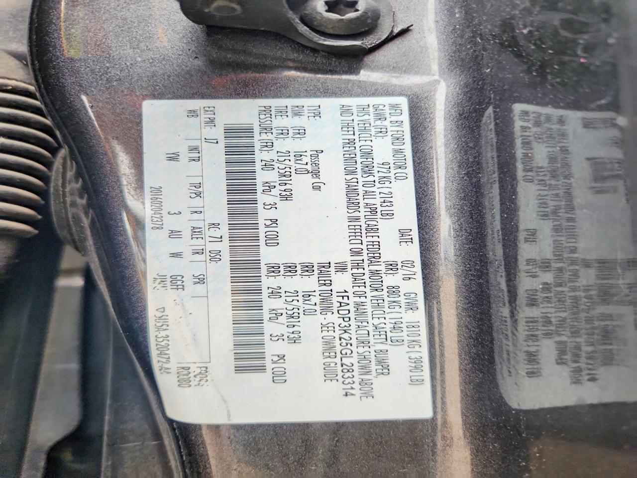 1FADP3K25GL283314 · 2016 FORD FOCUS · 12/12