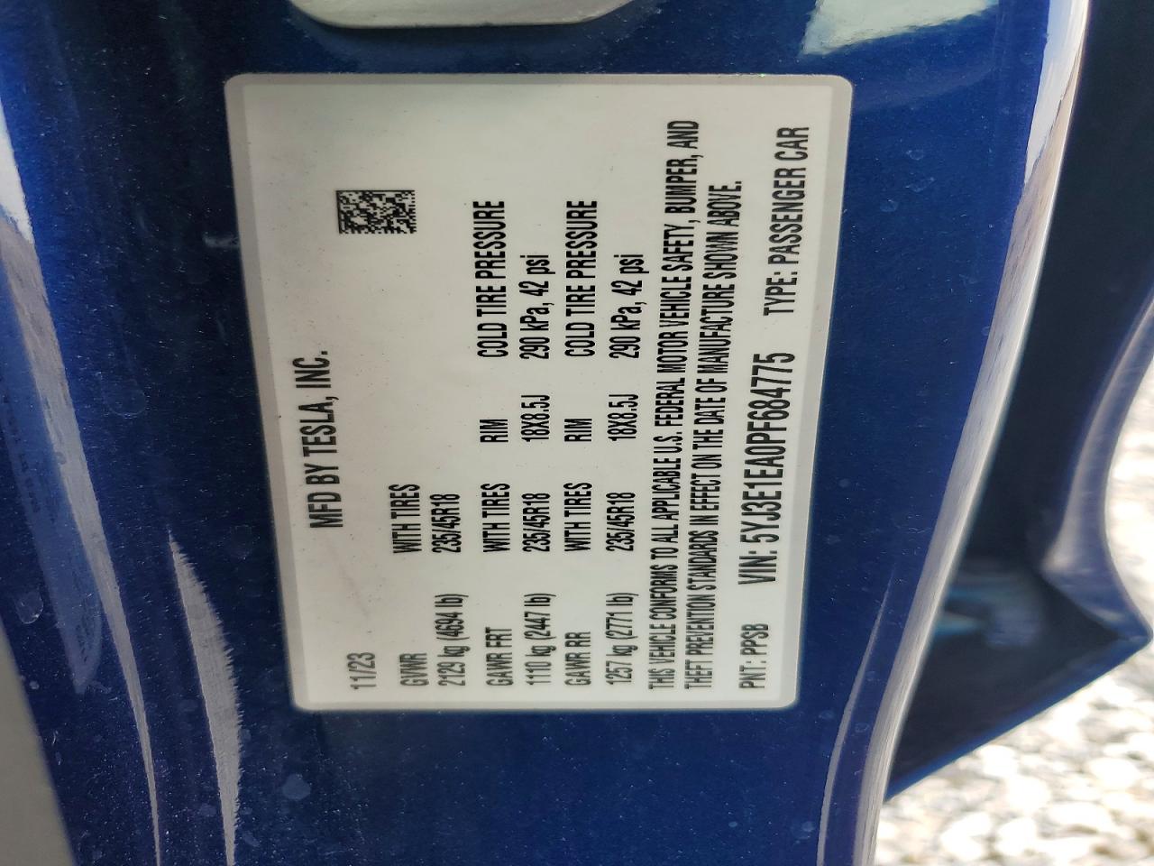 5YJ3E1EA0PF684775 · 2023 TESLA MODEL 3 · 12/12