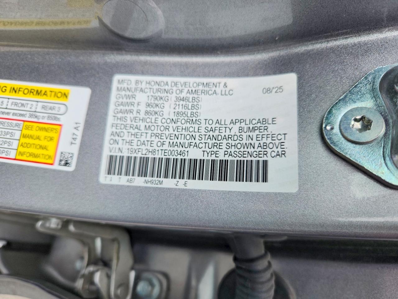 19XFL2H81TE003461 · 2026 HONDA CIVIC · 12/12