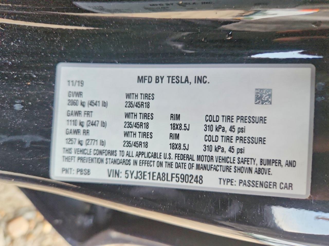 5YJ3E1EA8LF590248 · 2020 TESLA MODEL 3 · 12/12