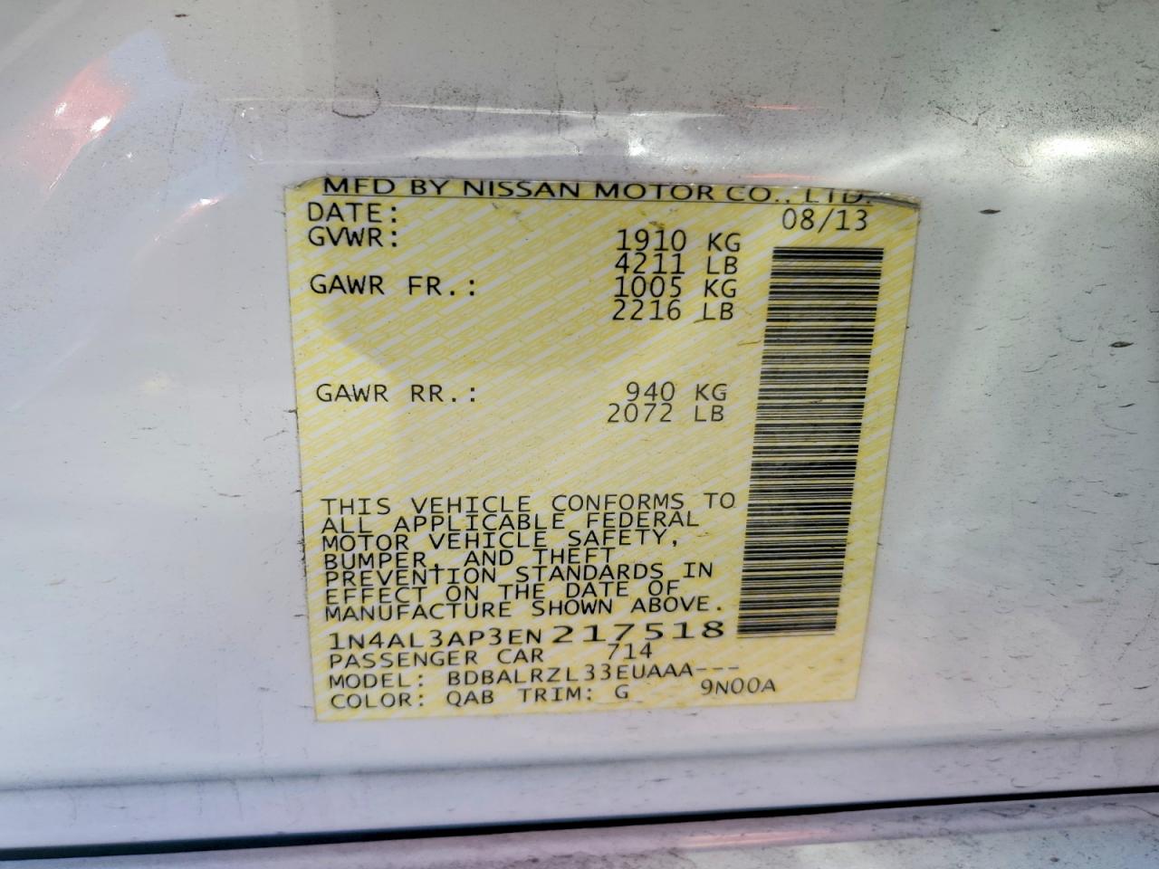 1N4AL3AP3EN217518 · 2014 NISSAN ALTIMA · 12/12