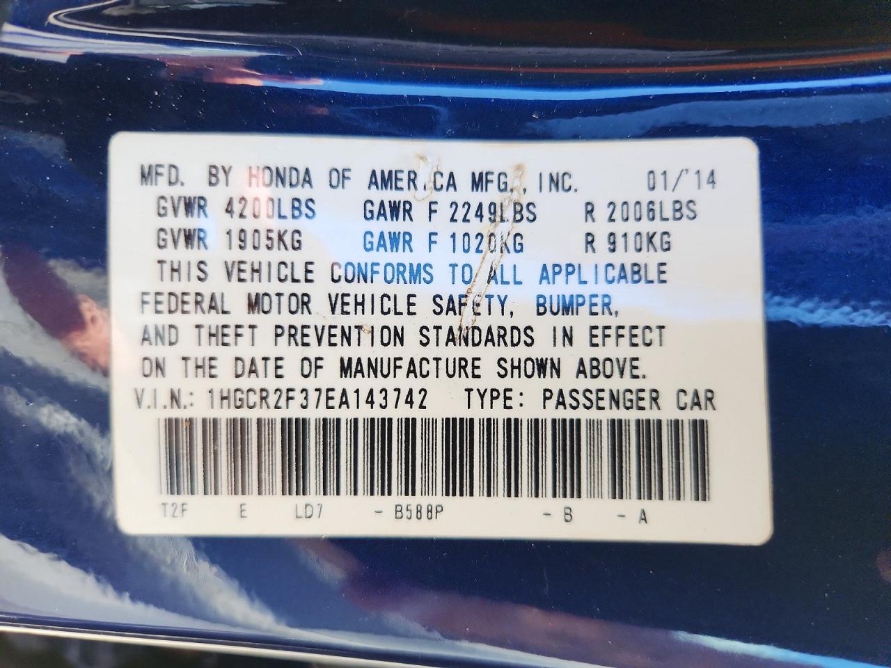 1HGCR2F37EA143742 · 2014 HONDA ACCORD · 12/12