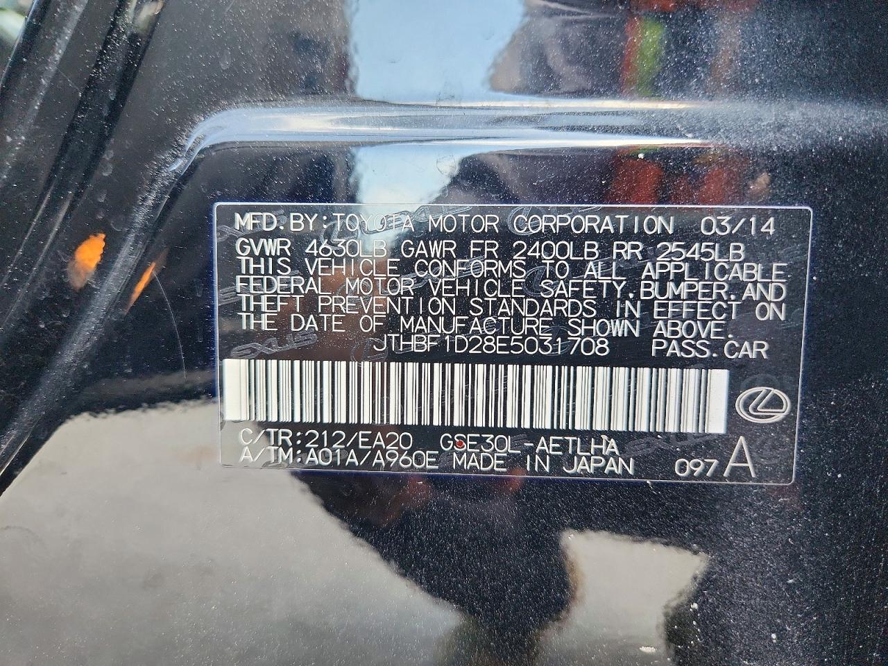 JTHBF1D28E5031708 · 2014 LEXUS IS · 12/12