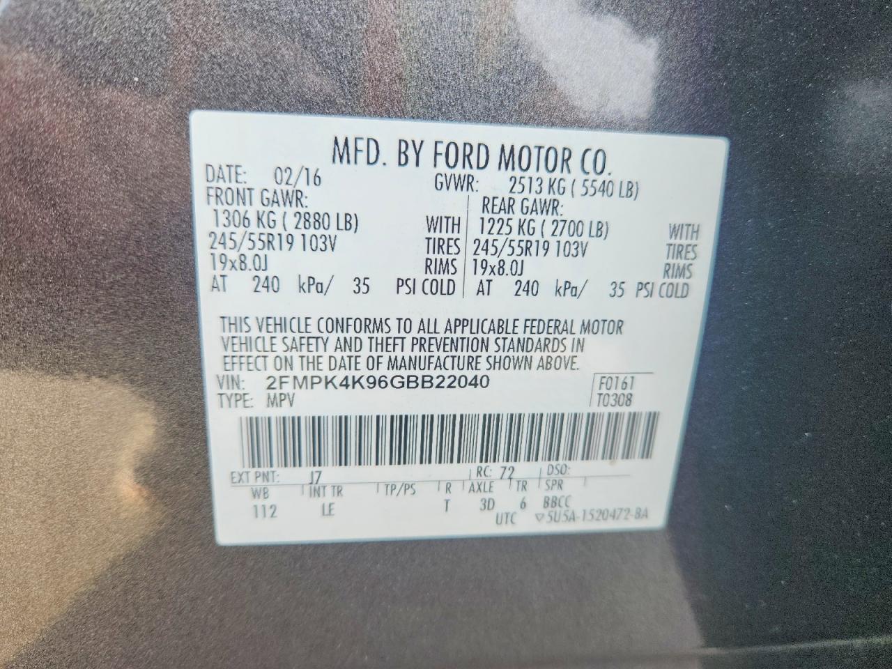 2FMPK4K96GBB22040 · 2016 FORD EDGE · 12/12