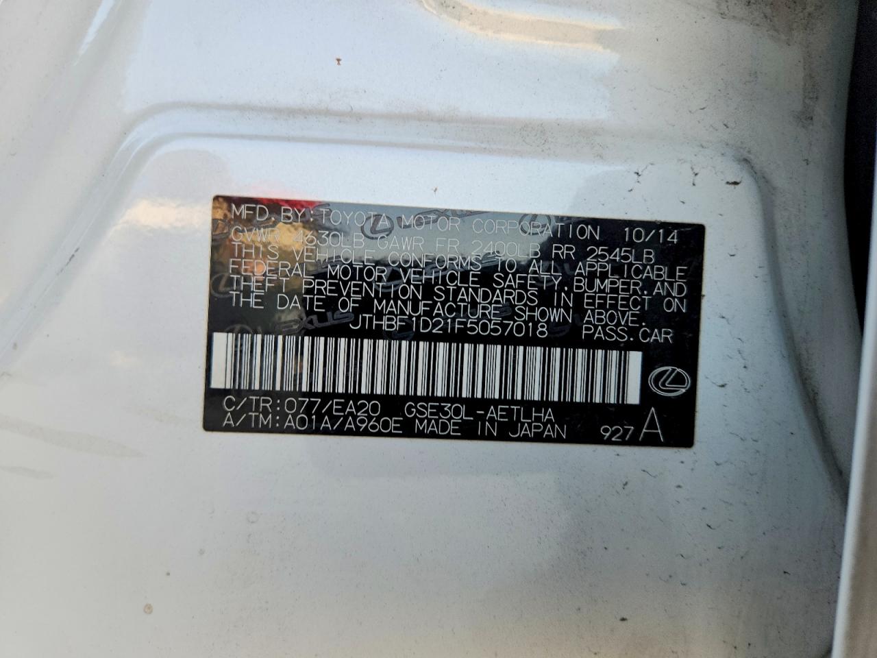 JTHBF1D21F5057018 · 2015 LEXUS IS · 12/12