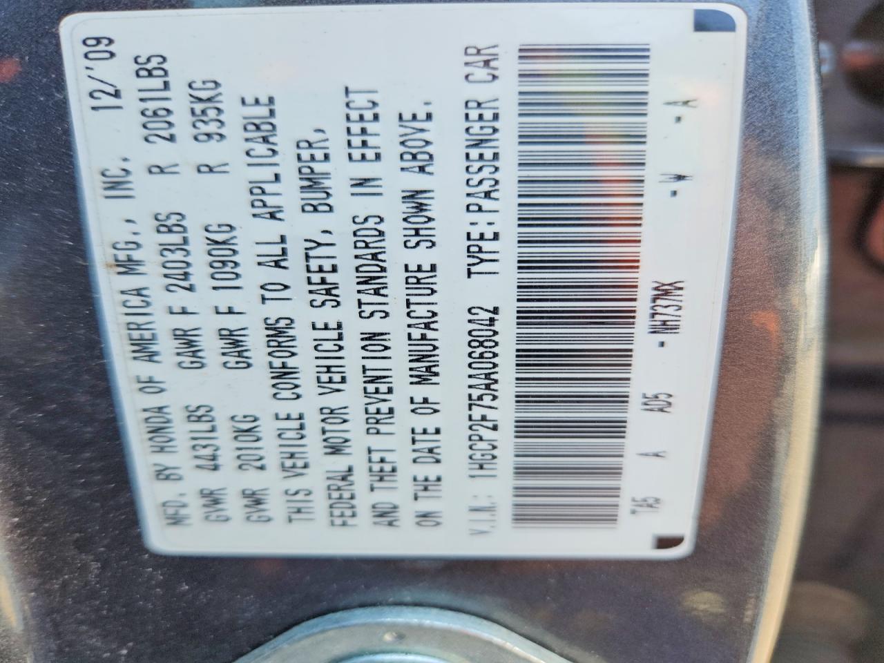 1HGCP2F75AA068042 · 2010 HONDA ACCORD · 12/12