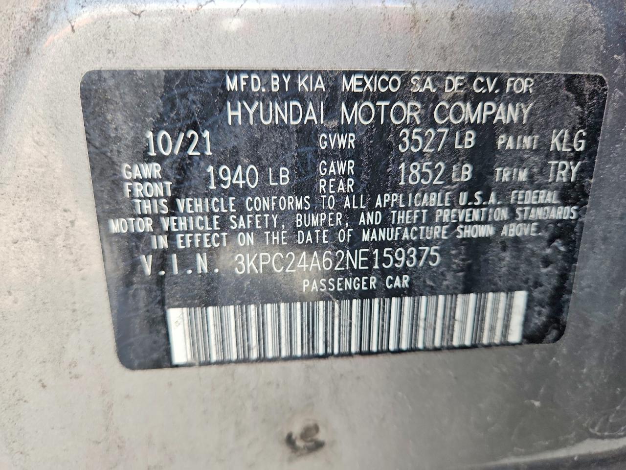 3KPC24A62NE159375 · 2022 HYUNDAI ACCENT · 12/12