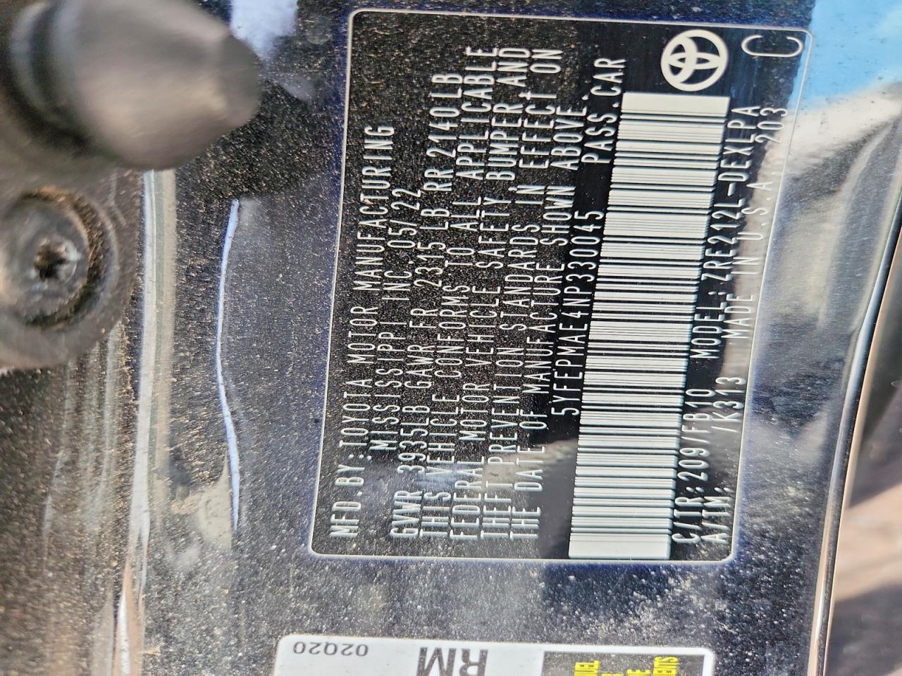 5YFEPMAE4NP330045 · 2022 TOYOTA COROLLA · 12/12