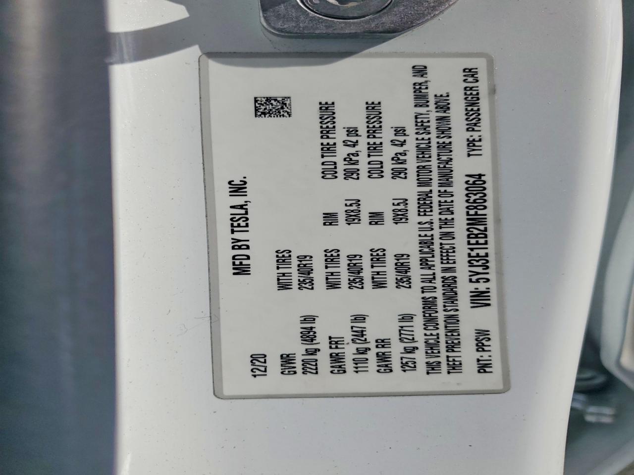 5YJ3E1EB2MF863064 · 2021 TESLA MODEL 3 · 12/12