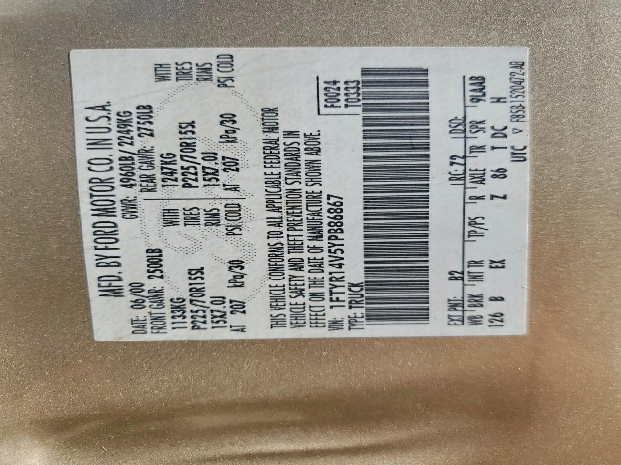 1FTYR14V5YPB86867 · 2000 FORD RANGER · 12/12
