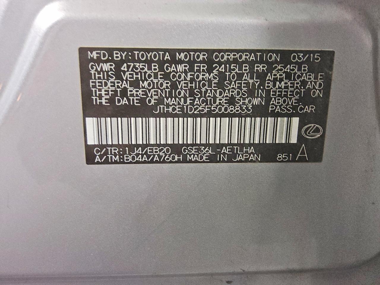 JTHCE1D25F5008833 · 2015 LEXUS IS · 12/12