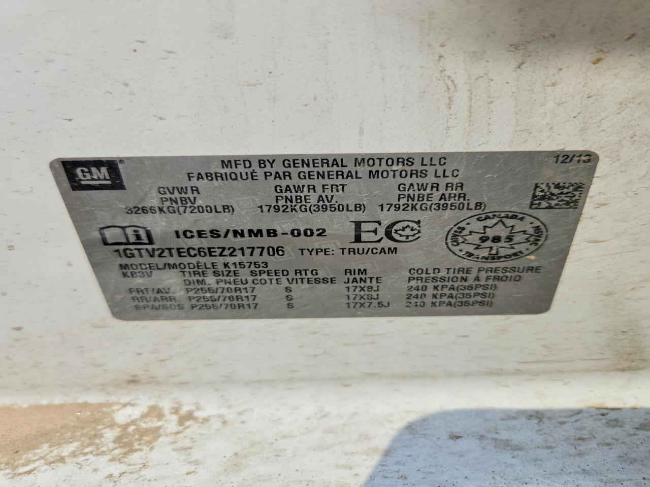 1GTV2TEC6EZ217706 · 2014 GMC SIERRA · 12/12