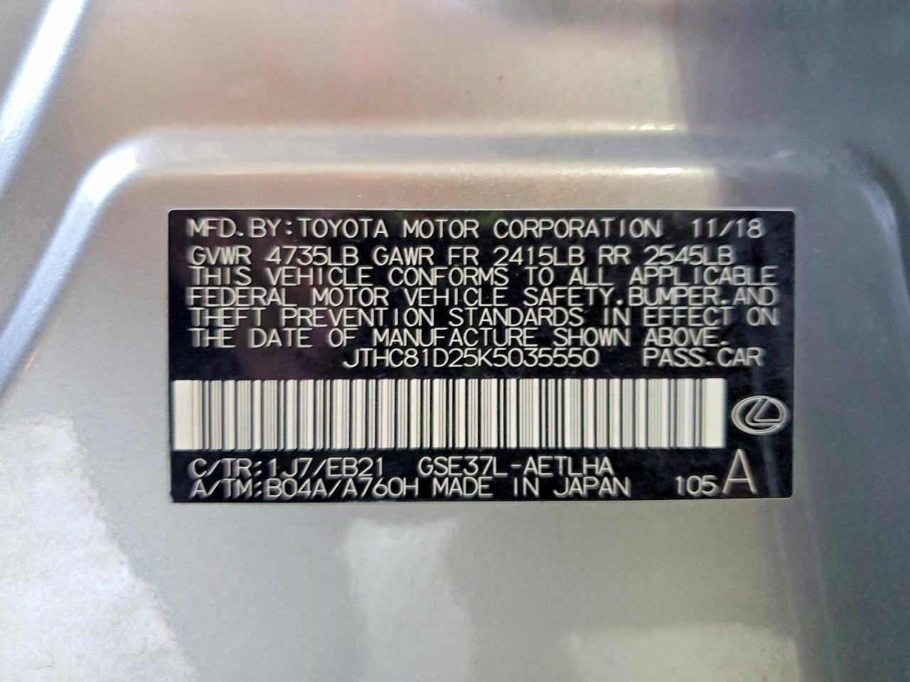 JTHC81D25K5035550 · 2019 LEXUS IS · 12/12