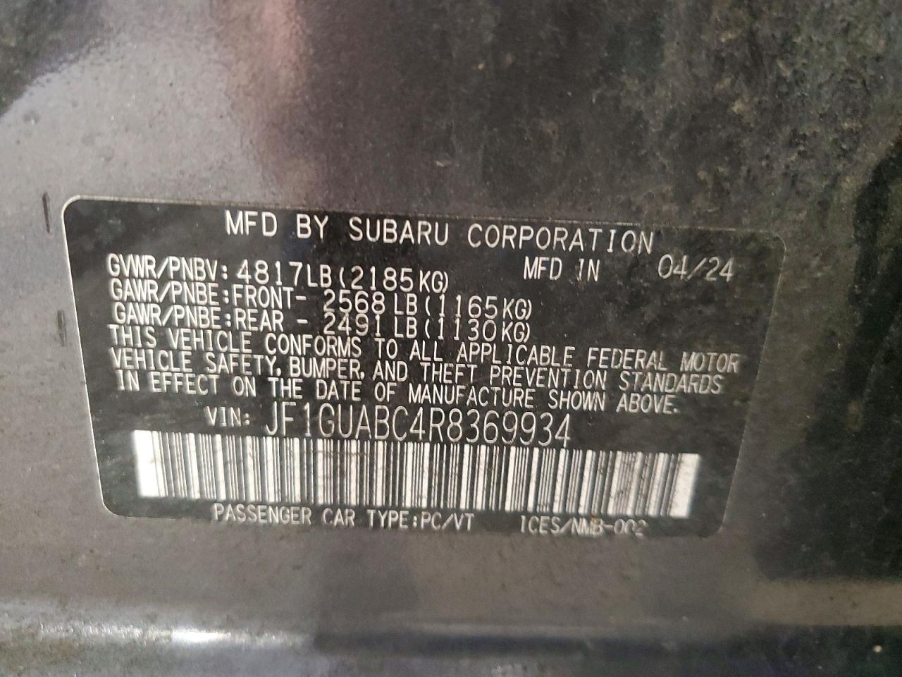 JF1GUABC4R8369934 · 2024 SUBARU IMPREZA · 12/12