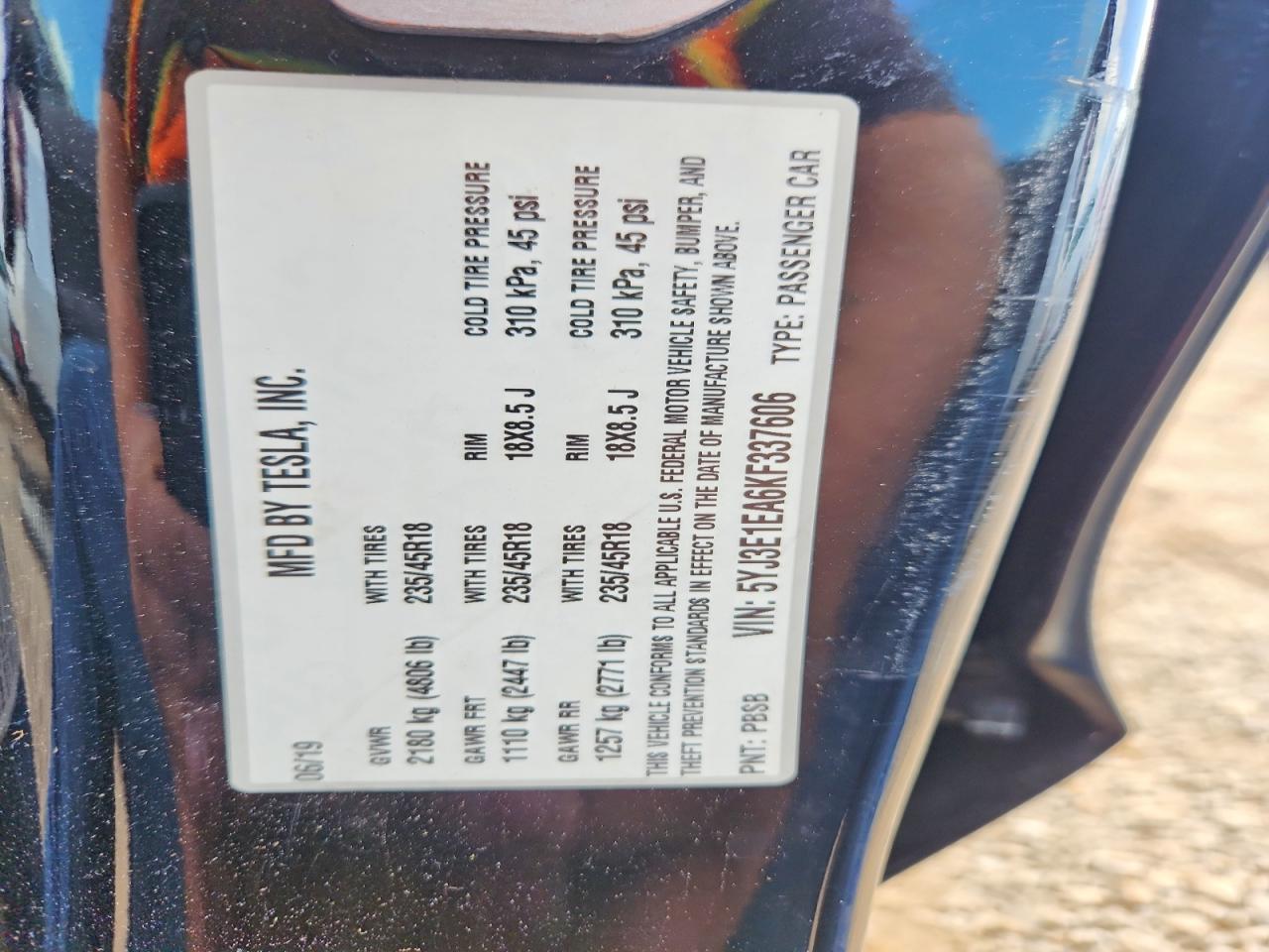 5YJ3E1EA6KF337606 · 2019 TESLA MODEL 3 · 12/12