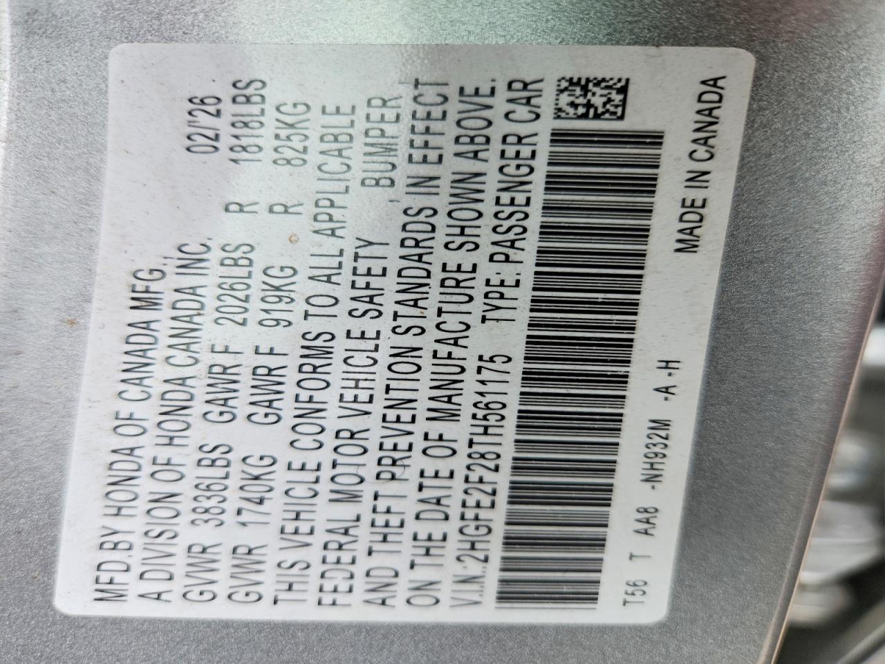 2HGFE2F28TH561175 · 2026 HONDA CIVIC · 12/12