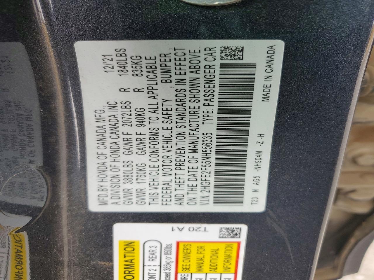 2HGFE2F55NH556335 · 2022 HONDA CIVIC · 12/12