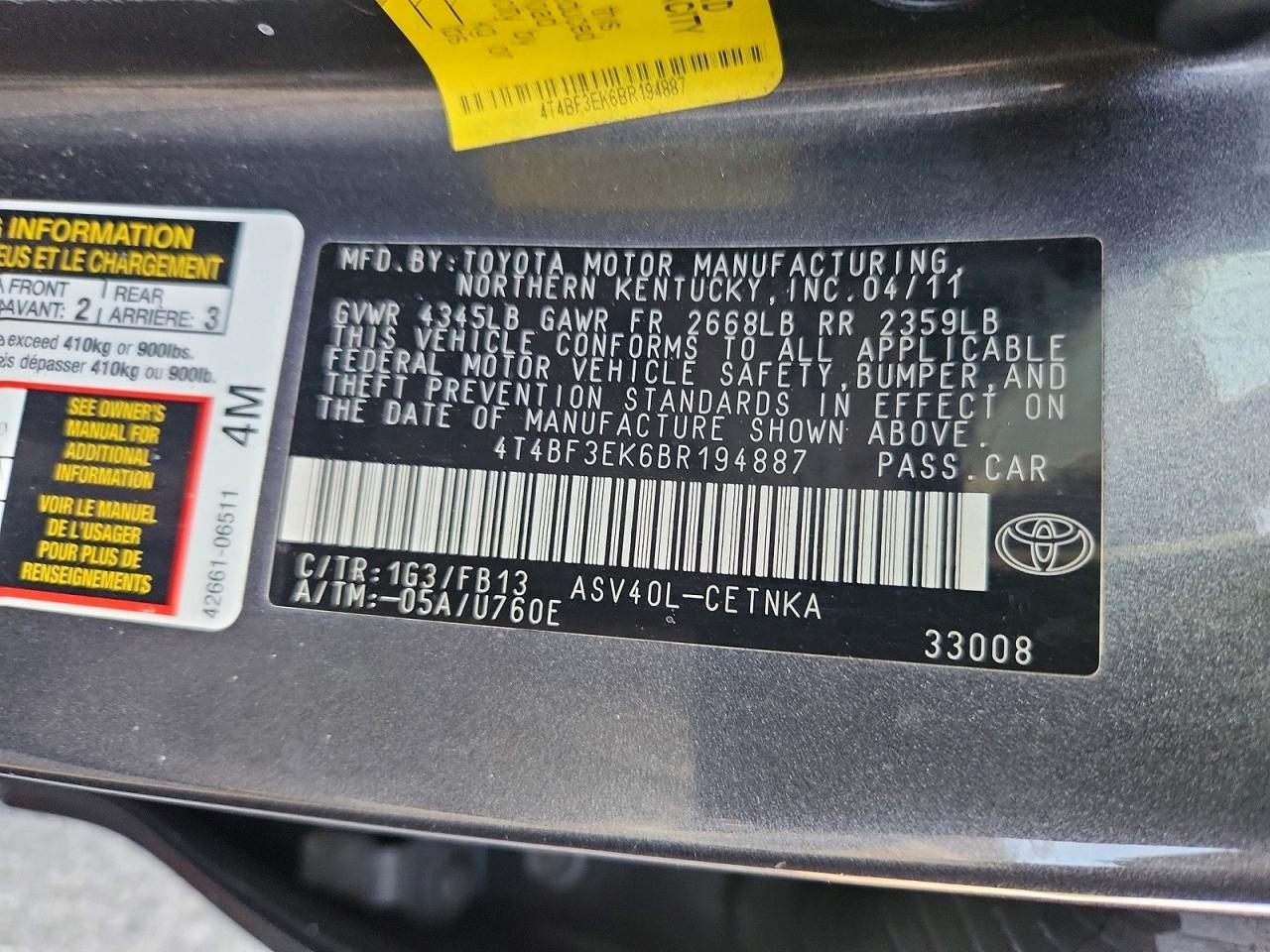 4T4BF3EK6BR194887 · 2011 TOYOTA CAMRY · 12/12