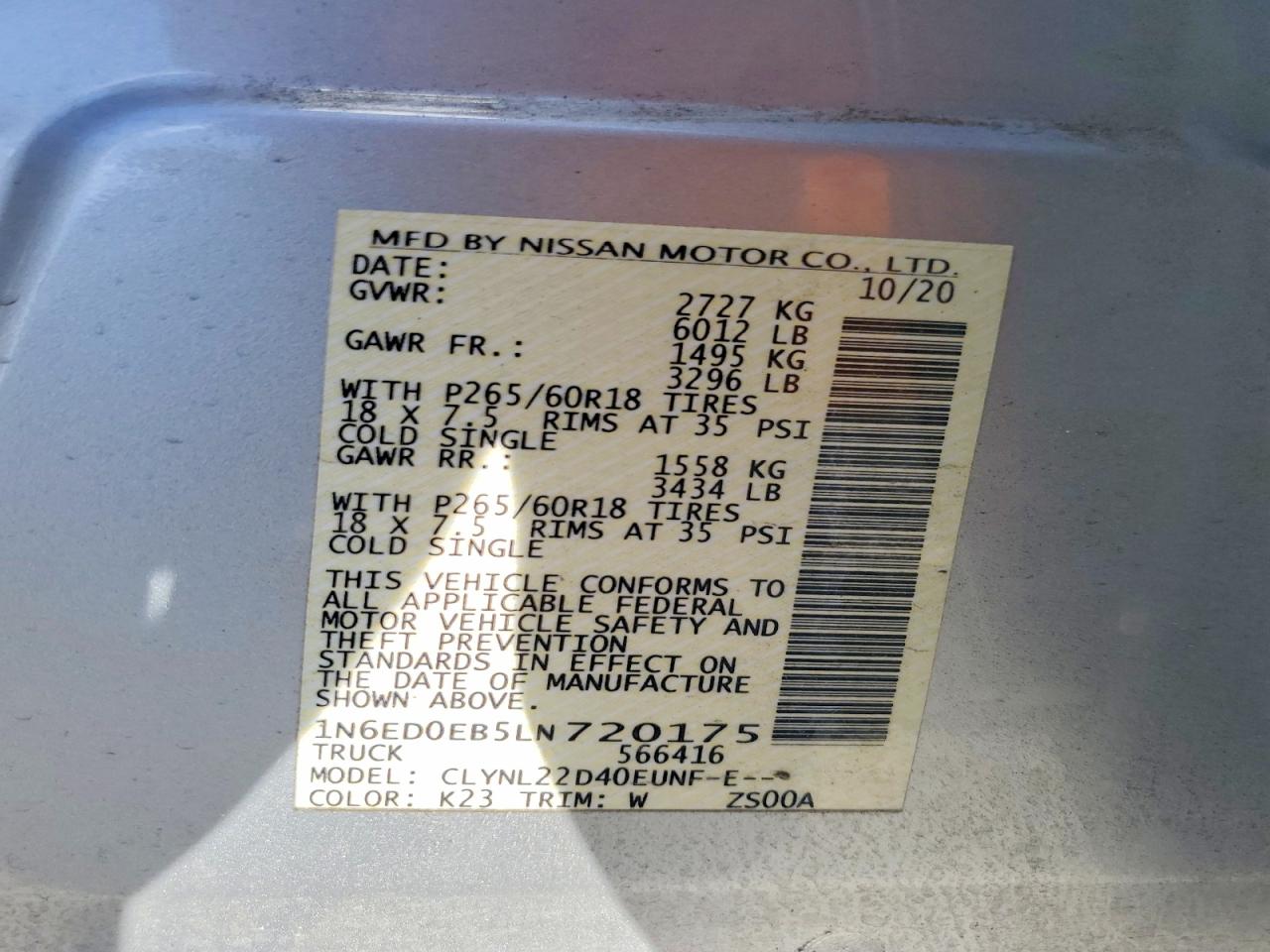 1N6ED0EB5LN720175 · 2020 NISSAN FRONTIER · 12/12