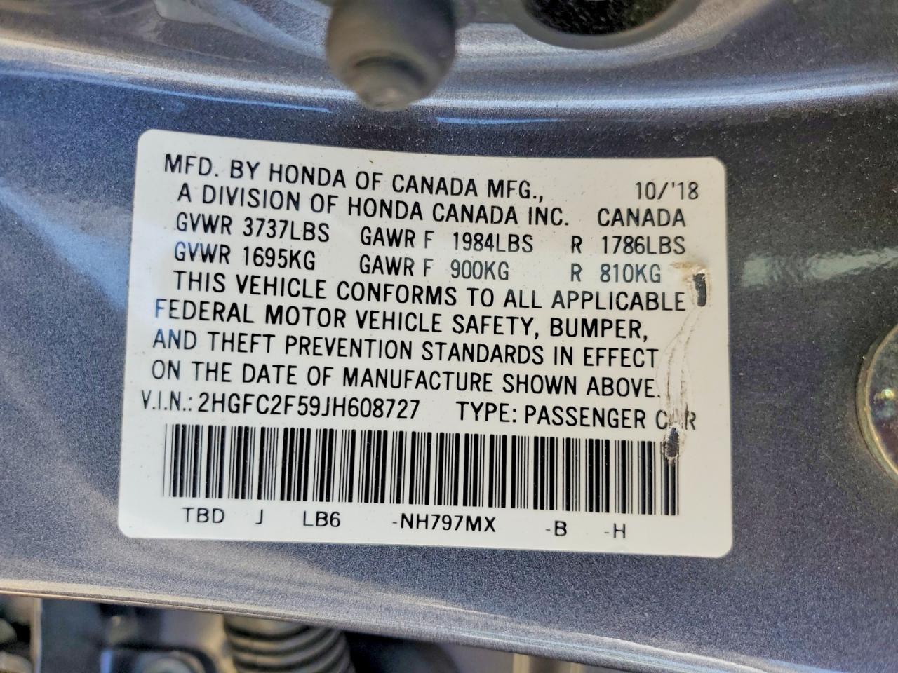 2HGFC2F59JH608727 · 2018 HONDA CIVIC · 12/12