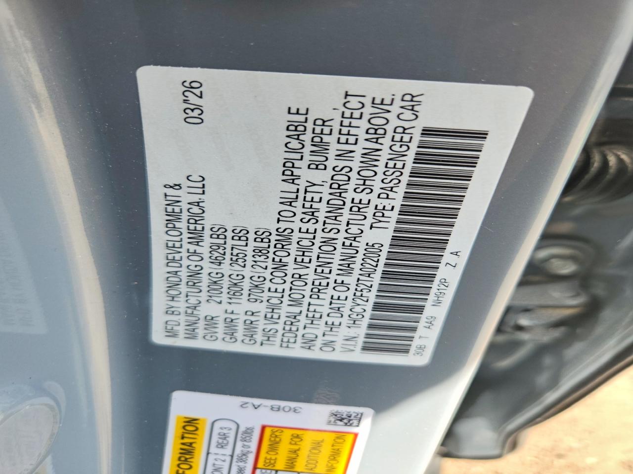 1HGCY2F52TA022005 · 2026 HONDA ACCORD · 12/12
