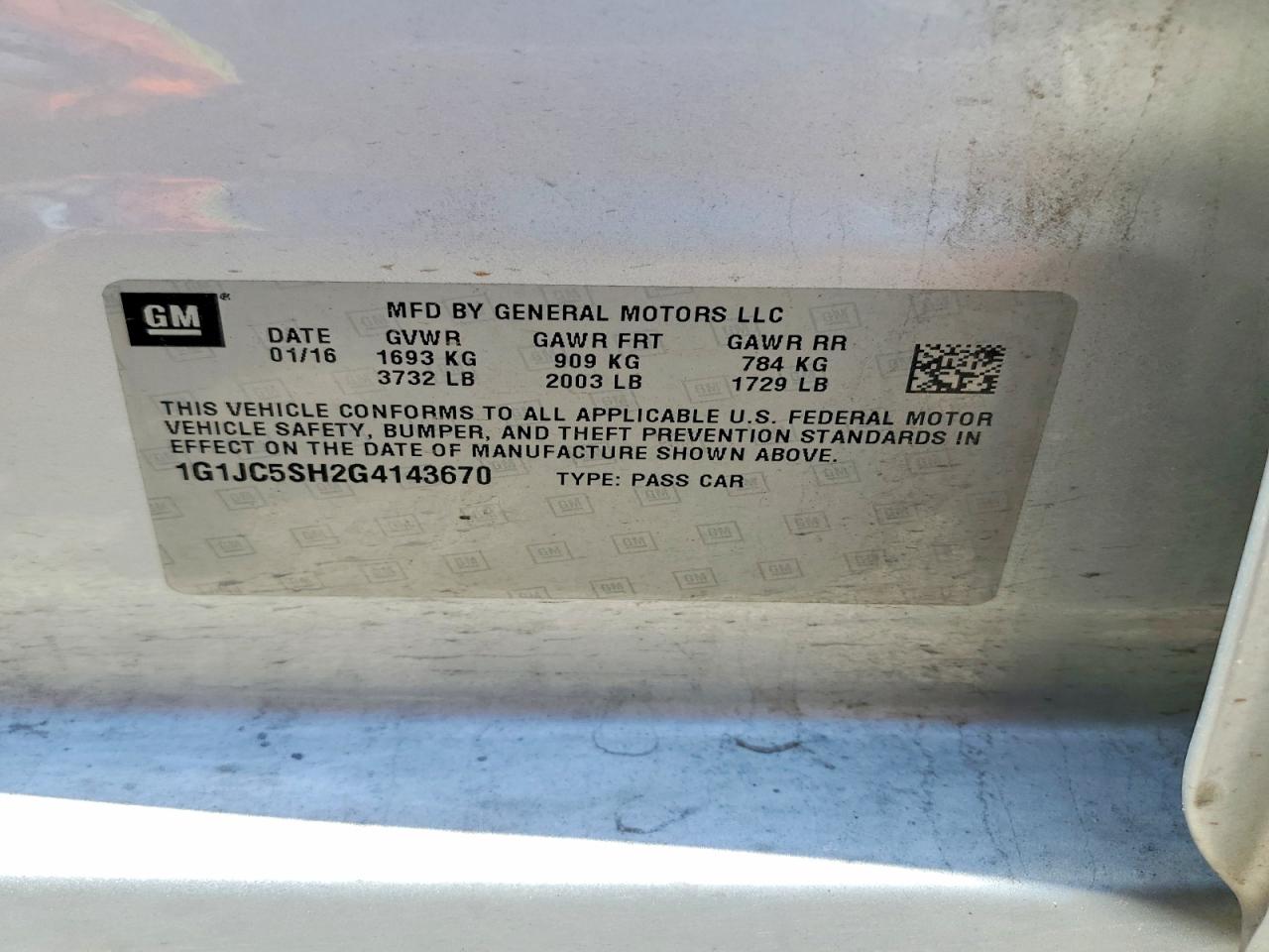 1G1JC5SH2G4143670 · 2016 CHEVROLET SONIC · 12/12