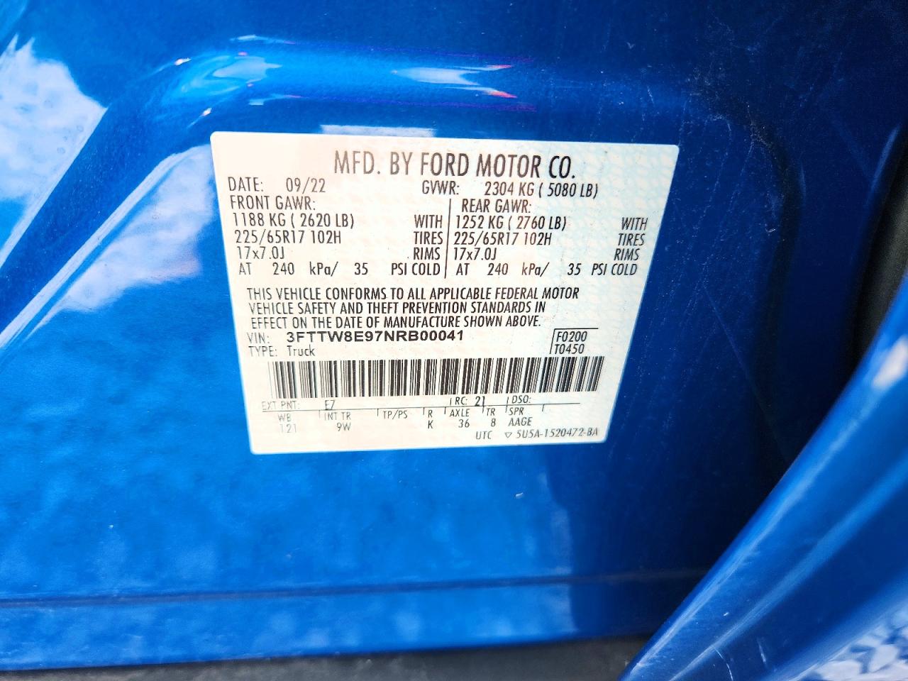 3FTTW8E97NRB00041 · 2022 FORD MAVERICK · 12/12