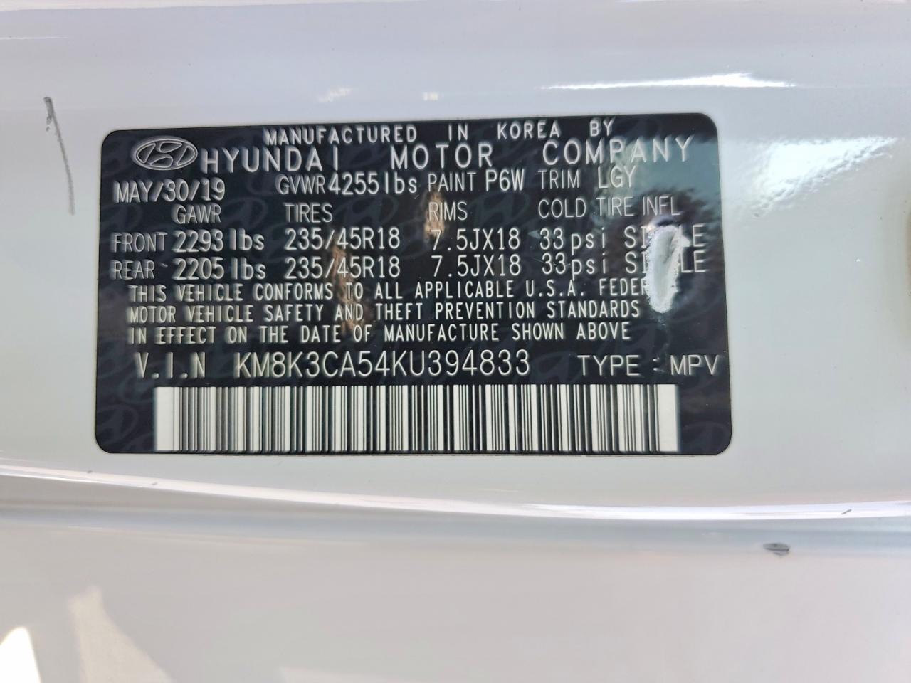 KM8K3CA54KU394833 · 2019 HYUNDAI KONA · 12/12